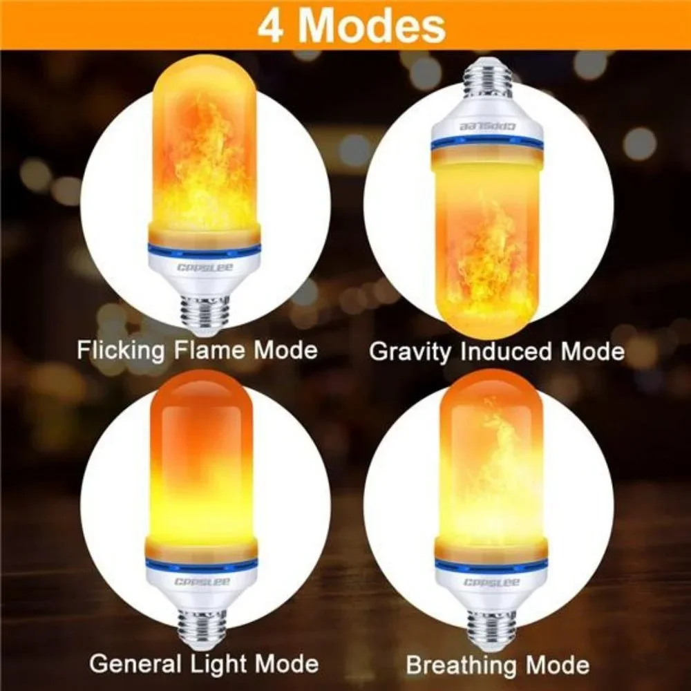 LED Flame Light Bulbs, 4 Modes Fire Light Bulbs, E26  Bulb, (Yellow, 2 Pack)